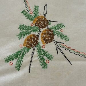 Vintage Hand Embroidered Pinecone Off White Cotton Square Tablecloth